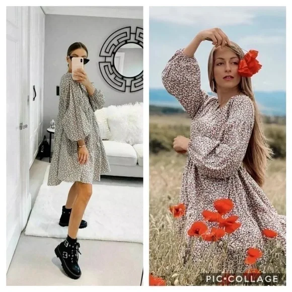 H&M A line cotton floral puff sleeve dress - Picture 10 of 12